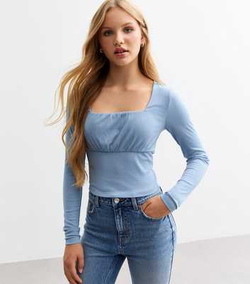 Girls Blue Ruched Front Ribbed Jersey Top