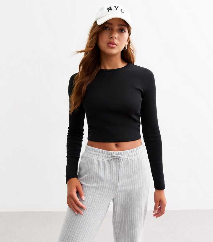 Girls Black Long Sleeve Ruched Stretch Cotton Top