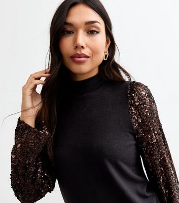 Bronze Sequin Sleeve Knitted Top New Look