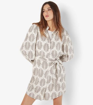 Apricot Stone Linen-Blend Leaf Print Mini Shirt Dress New Look