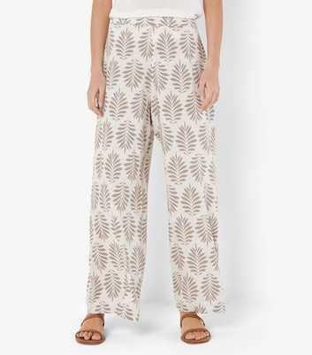 Apricot Stone Linen-Blend Leaf Print Wide Leg Trousers