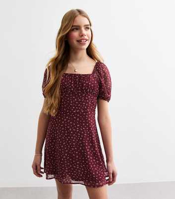 Girls Burgundy Floral Chiffon Short Sleeve Dress