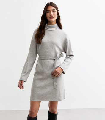 Grey Fine Knit Belted Mini Dress