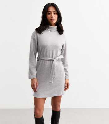 Petite Grey Belted Roll Neck Mini Jumper Dress