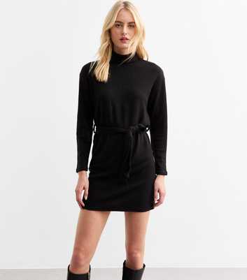 Tall Black Belted Roll Neck Mini Dress