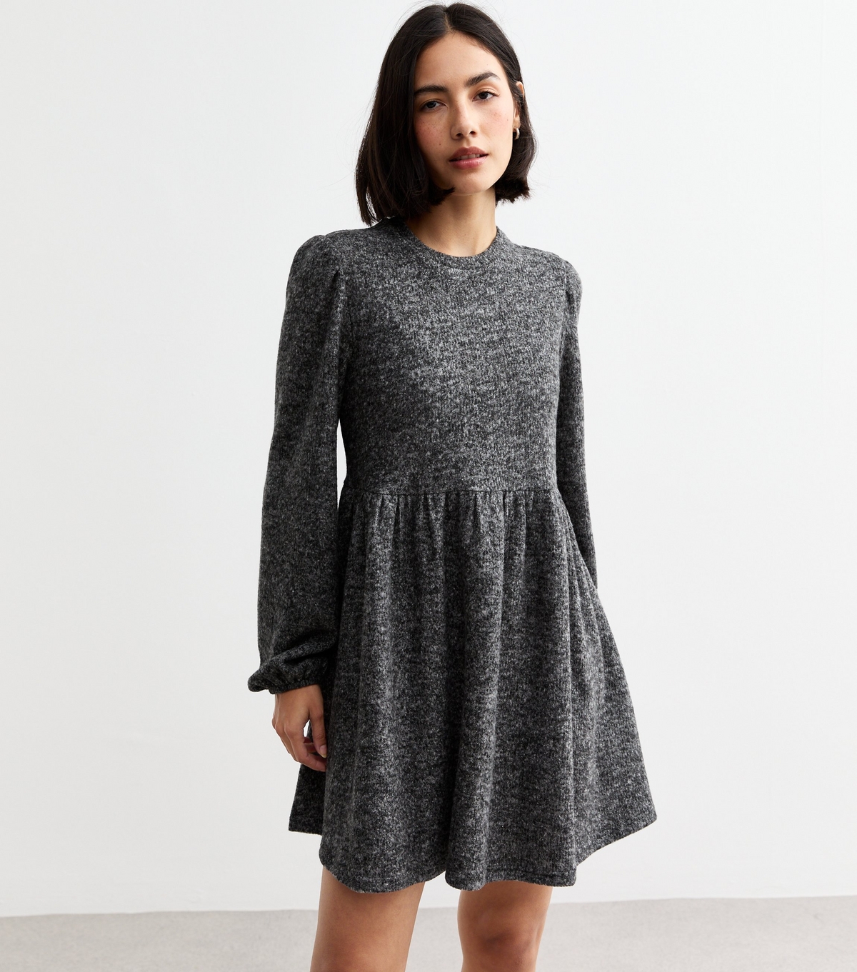 Women's Grey Marled Long Sleeve Fleece Smock Dress New Look