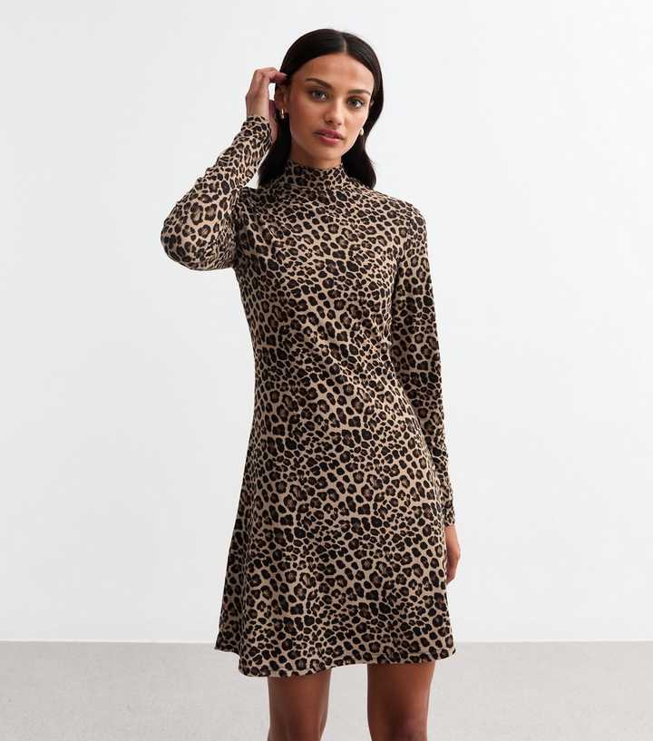 Womens Dresses Leopard Print Long Sleeve Mini Dress Brown Leopard