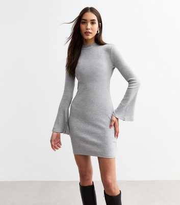 Grey Fluted Sleeve Ribbed Mini Dress