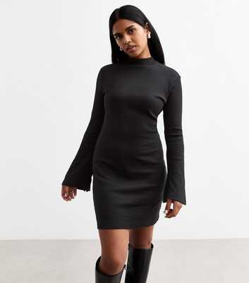 Petite Black Rib Jersey Flare Sleeve Mini Dress