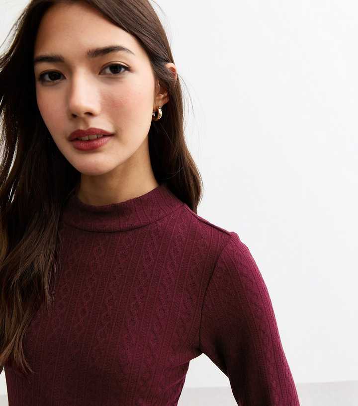 Burgundy Cable Knit Long Sleeve Dress