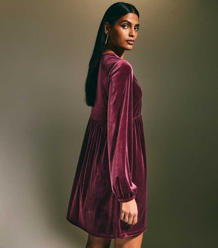 Burgundy Velvet Long Sleeve Mini Dress