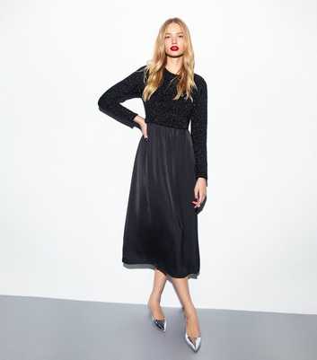 Black 2-In-1 Tinsel Top Long Sleeve Midi Dress