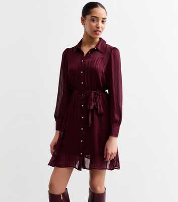 Burgundy Striped Chiffon Mini Shirt Dress