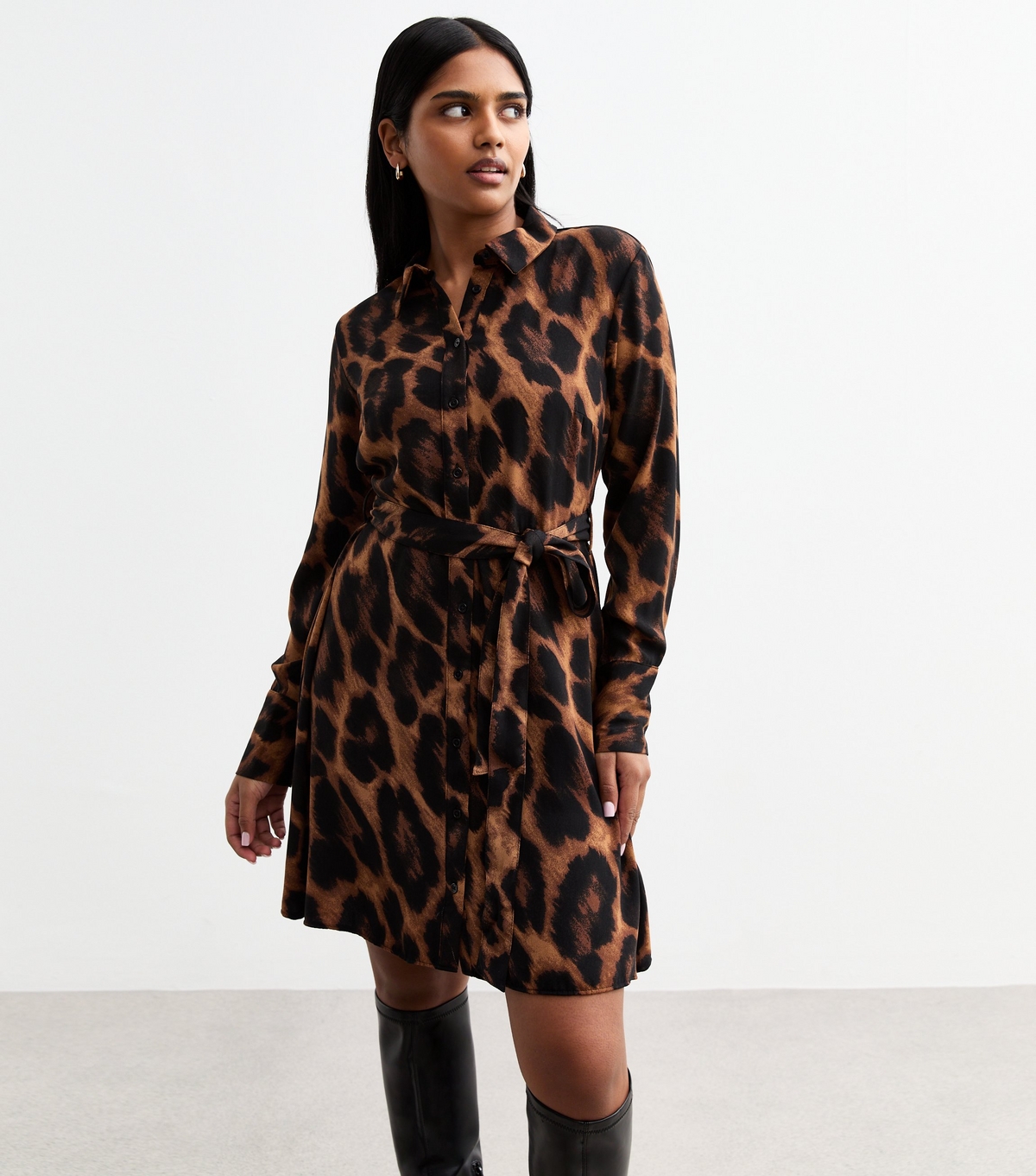 Women's Petite Brown Leopard Print Long Sleeve Shirt Dress New Look