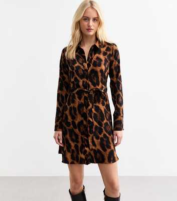 Tall Brown Leopard Print Mini Shirt Dress