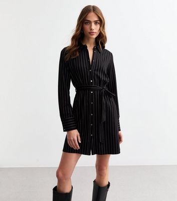 Black Woven Pinstripe Mini Shirt Dress New Look