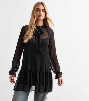 Black Pussybow Chiffon Mini Dress