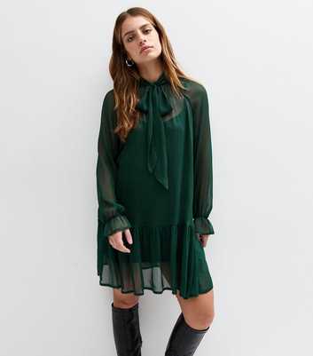 Petite Dark Green Tie Neck Chiffon Mini Dress