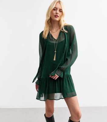 Tall Dark Green Tiered Hem Chiffon Mini Dress