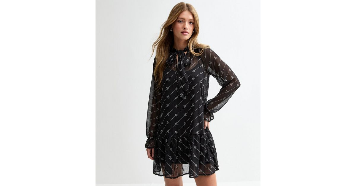 Black and Grey Bow Neck Chiffon Midi Dress