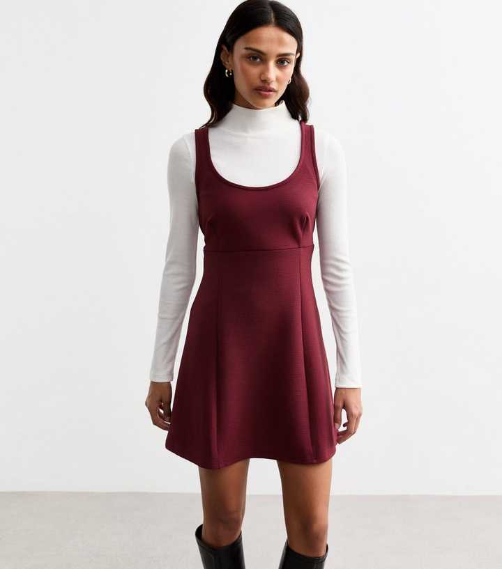 Burgundy Crepe Sleeveless Mini Pinafore Dress | New Look Burgundy Crepe Sleeveless Mini Pinafore Dress | New Look