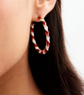 Red Christmas Candy Cane Hoop Earrings New Look