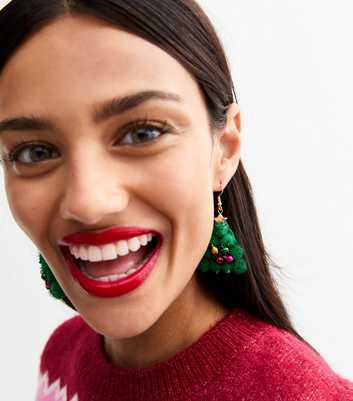 Green Christmas Tree Embellished Earrings