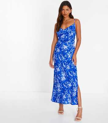 QUIZ Blue Floral Smudge Print Cowl Neck Midi Dress
