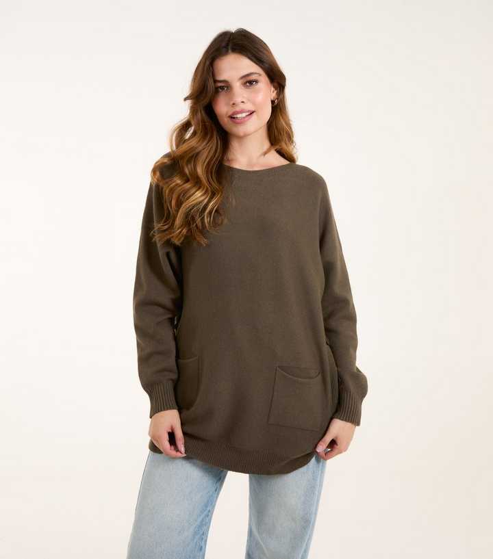 Blue Vanilla Khaki Side Button Oversized Jumper