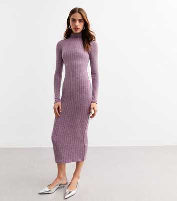 Purple Ribbed Roll Neck Knit Midi Dress