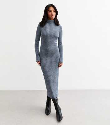 Petite Blue Ribbed Knit Roll Neck Midi Dress