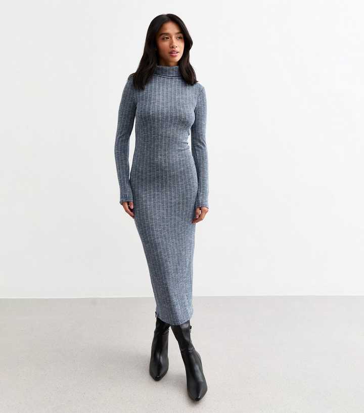 Petite Blue Ribbed Knit Roll Neck Midi Dress | New Look