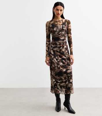 Brown Ink Print Mesh Midi Dress