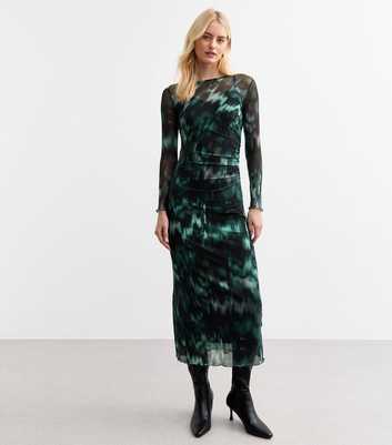 Tall Green Printed Ruched Mesh Midi Dress