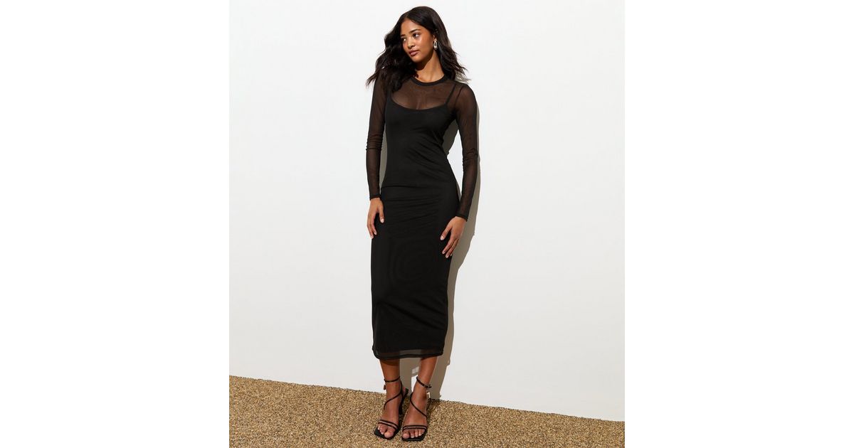 Black Long Sleeve Layered Mesh Midi Dress | New Look