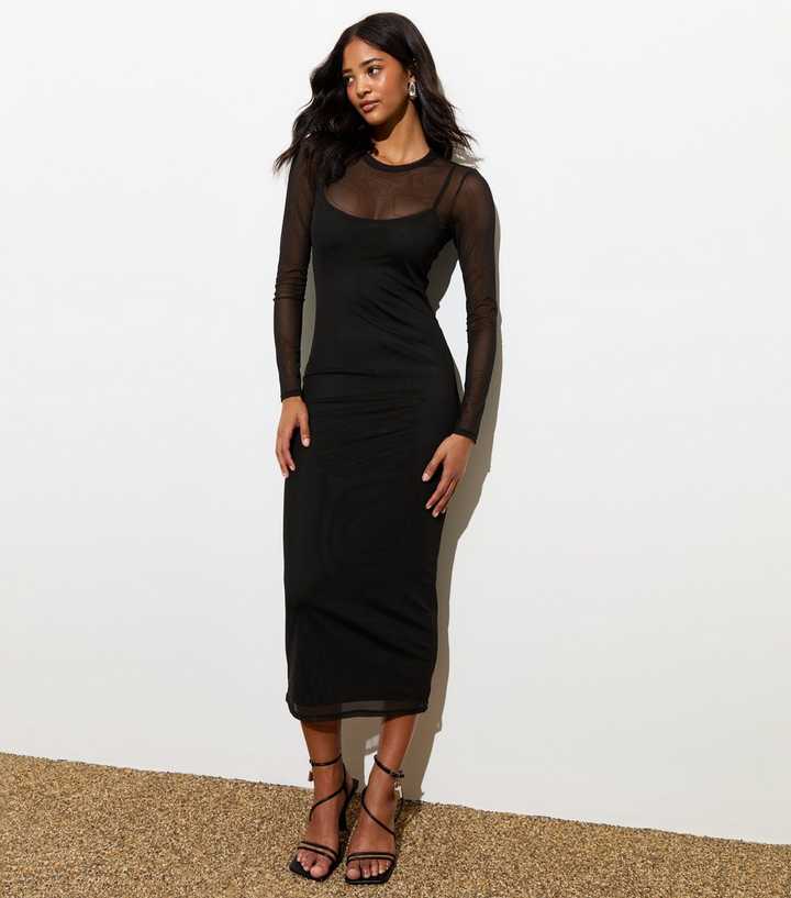 Black Long Sleeve Layered Mesh Midi Dress