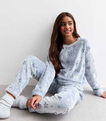 Girls Blue Metallic Star Fleece Long Pyjama Set