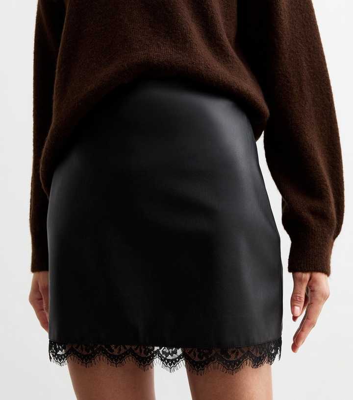 Black Lace Hem Faux Leather Mini Skirt