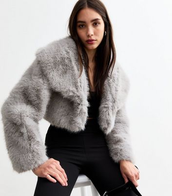 Cameo Rose Grey Faux Fur Cropped Jacket New Look