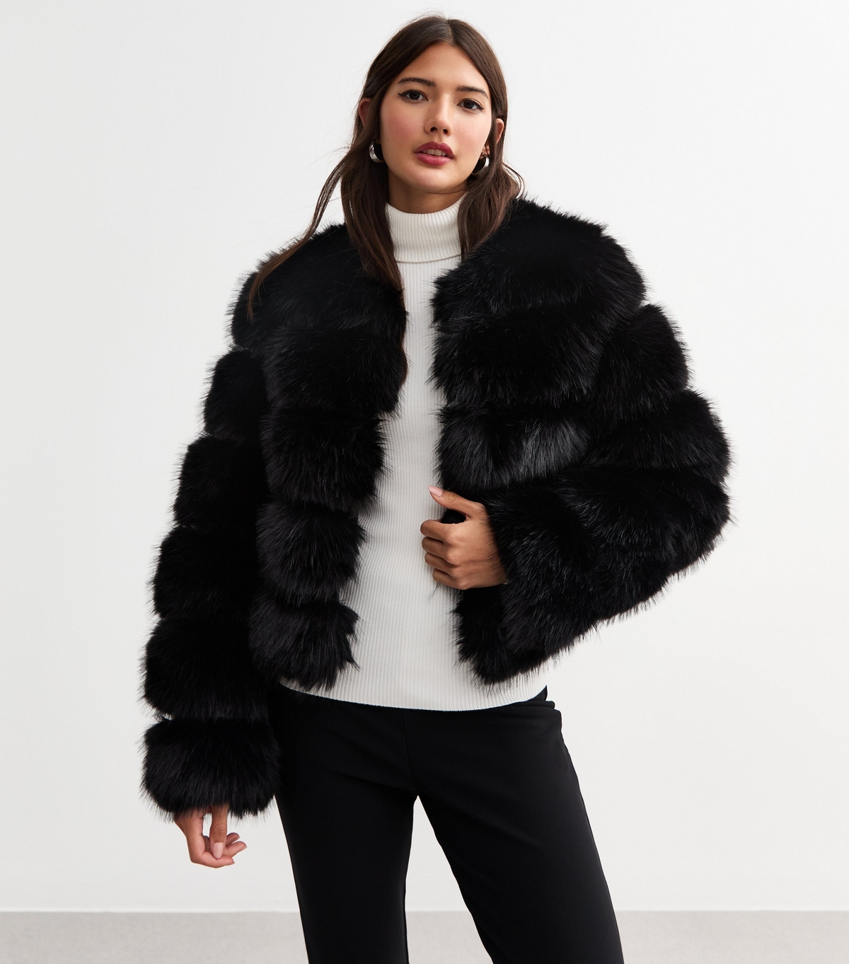 Women's Black Faux Fur Crop Coat Cameo Rose New Look