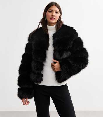 Cameo Rose Black Faux Fur Crop Coat