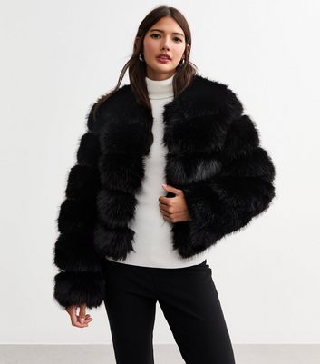 Cameo Rose Black Faux Fur Crop Coat New Look