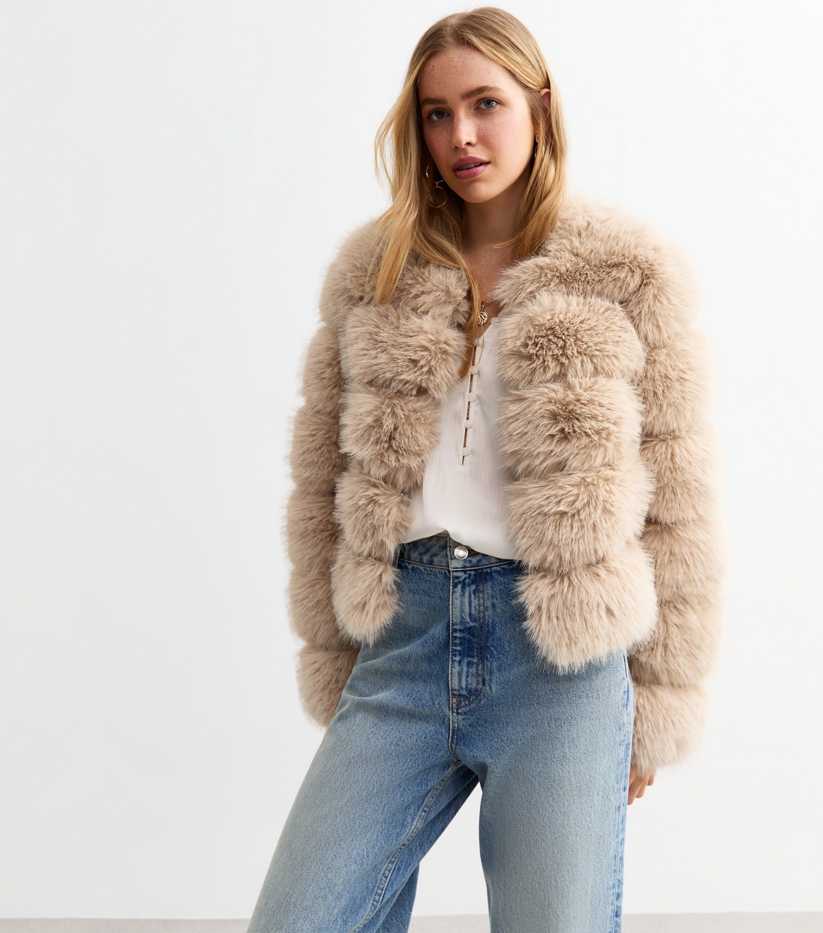 Women's Off White Faux Fur Crop Coat Cameo Rose New Look