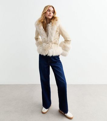 Cream Faux Leather Faux Fur Trim Wrap Coat New Look