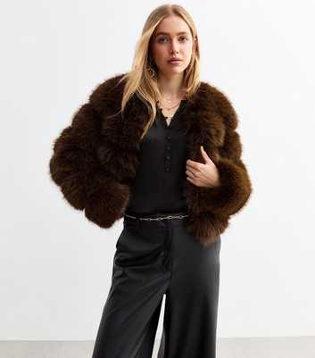 Cameo Rose Brown Faux Fur Crop Coat