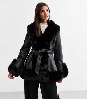 Black Faux Fur Trim Faux Leather Wrap Coat