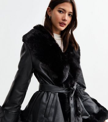 Black Faux Fur Trim Faux Leather Wrap Coat New Look