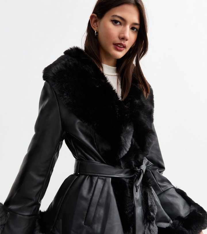 Cameo Rose Black Faux Fur Trim Faux Leather Wrap Coat