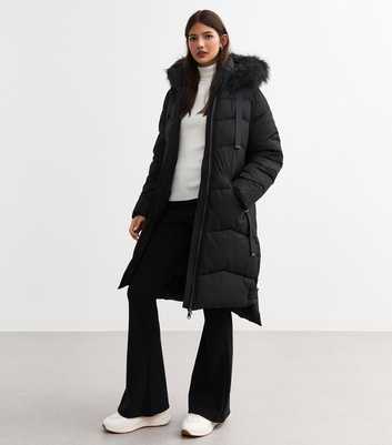 Cameo Rose Black Faux Fur Trim Hooded Puffer Coat