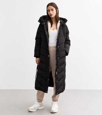 Black Cameo Rose Hooded Longline Puffer Coat